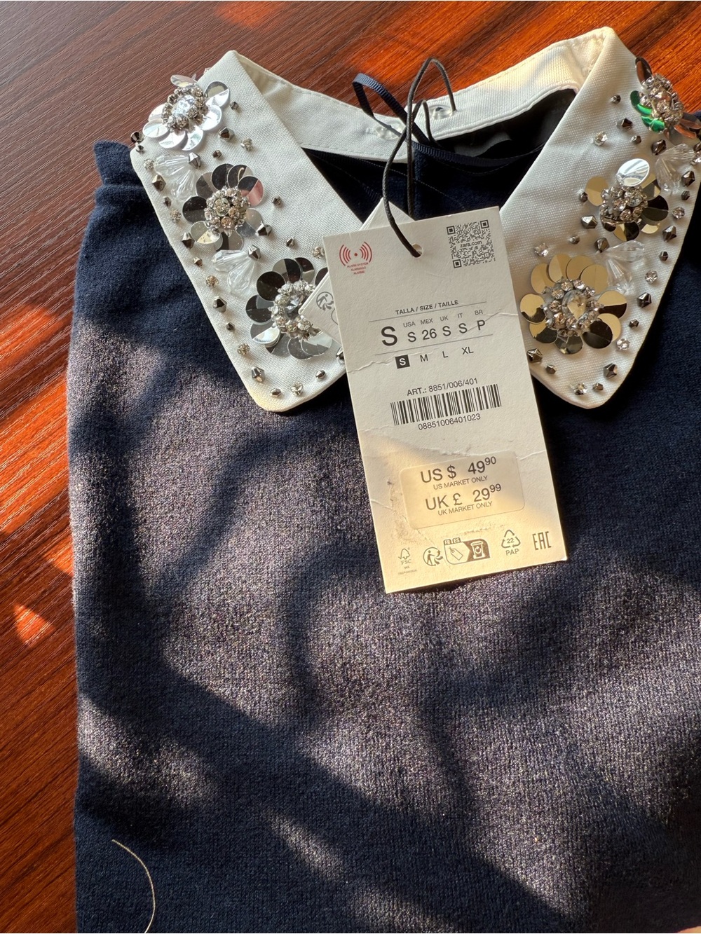 ZARA BNWT JEWELED BEADED KNIT POLO. NAVY BLUE 8851/006/401 - Picture 8 of 8